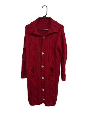 Red Cable Knit XL Button Up Cardigan Sweater Pockets Cozycore Grandmacore
